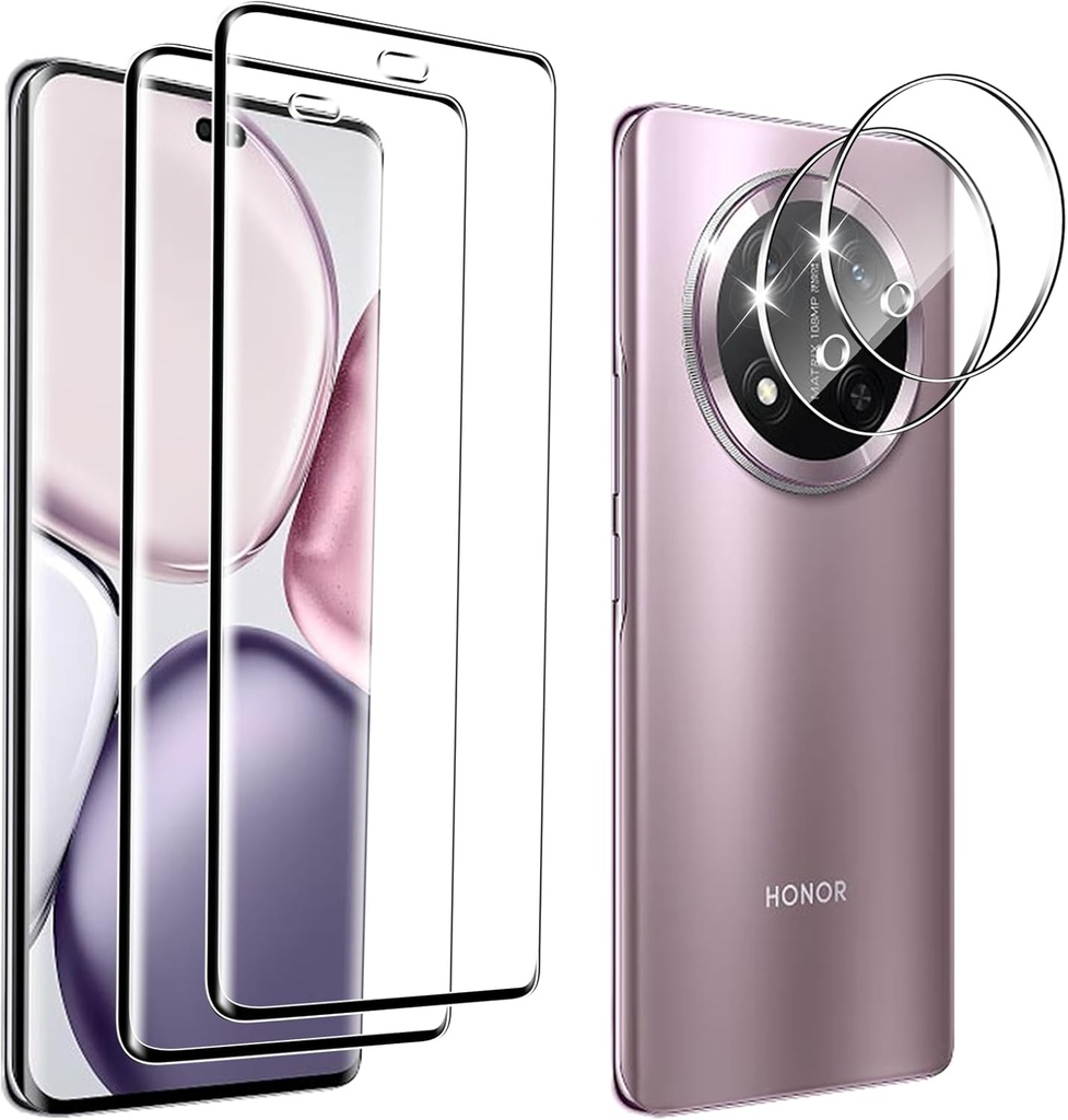 Hengnewro 2 buc. sticlă securizată pentru Honor Magic 7 Lite cu 2 buc. accesorii de protecție pentru camera spate, duritate 9H, anti-zgârieturi, protecție de ecran fără bule