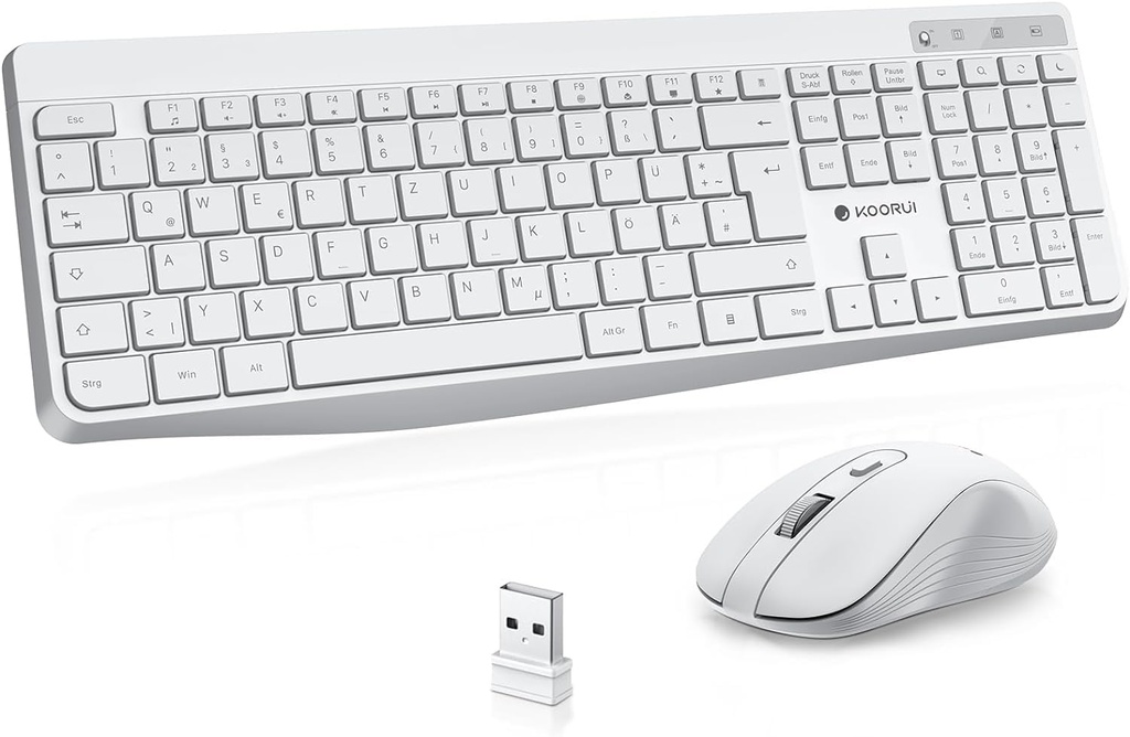 Tastatură și mouse fără fir KOORUI, set de tastatură mouse silențioasă cu aspect german QWERTZ cu 12 taste funcționale Set de mouse cu tastatură de 2,4 GHz pentru Windows, MacOS, Linux-alb