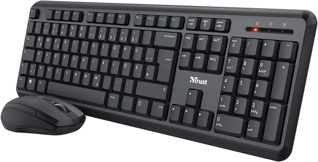 Set tastatura si mouse wireless Trust Ymo, aspect german QWERTZ, taste silentioase si butoane mouse, rezistent la stropire, mouse fara fir cu buton DPI, receptor USB, computer, laptop, Windows, macOS - negru