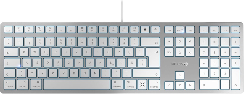 CHERRY KC 6000C PENTRU MAC, tastatură Mac cu fir (conexiune USB-C), aspect german (QWERTZ), taste silențioase, design subțire, alb-argintiu