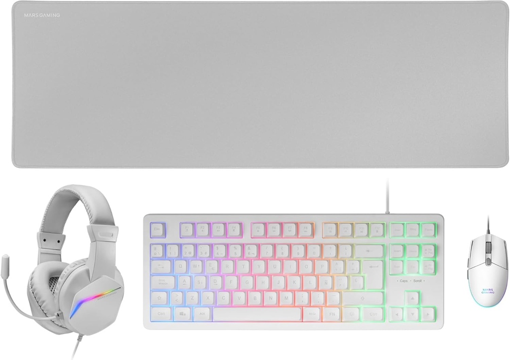 Mars Gaming MCP-RGB3, Pachet Gaming Tastatură RGB fixă ​​+ Mouse pentru jocuri RGB Flow 3200 dpi + Căști supraear RGB + Mouse Pad XXL, alb, limba spaniolă