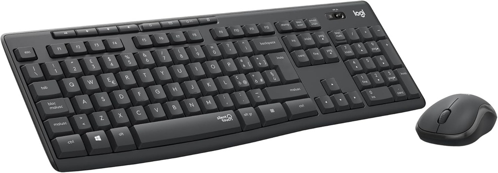 Set de tastatura si mouse fara fir Logitech MK295 cu tehnologie SilentTouch, taste de comanda rapida, urmarire optica, receptor nano USB, conexiune fara intarziere fara intarziere, aspect IT QWERTY - Grafit