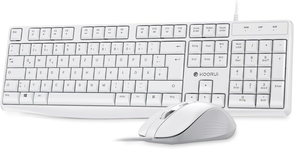 Tastatură și mouse KOORUI, set de tastatură mouse cu aspect german QWERTZ cu 12 taste funcționale Set de mouse pentru tastatură pentru Windows, MacOS, Linux-alb