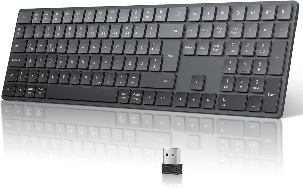Tastatura wireless Bluetooth TECURS, tastatura QWERTZ cu aspect german cu 3 canale Bluetooth, tastatura fara fir pentru PC, laptop, Windows Mac, negru