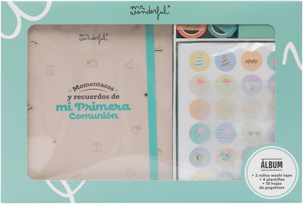 Mr. Wonderful - Kit album foto pentru albume de albume - Momente și amintiri ale primei mele comuniuni - Include 64 de pagini, 2 role de bandă Washi, 4 șabloane de desen și 10 coli de autocolante.