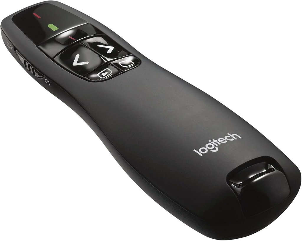Prezentator Logitech R400, conexiune wireless de 2,4 GHz prin receptor USB, rază de acțiune 15 m, indicator laser roșu, comenzi intuitive, 6 butoane, indicator baterie, PC - negru
