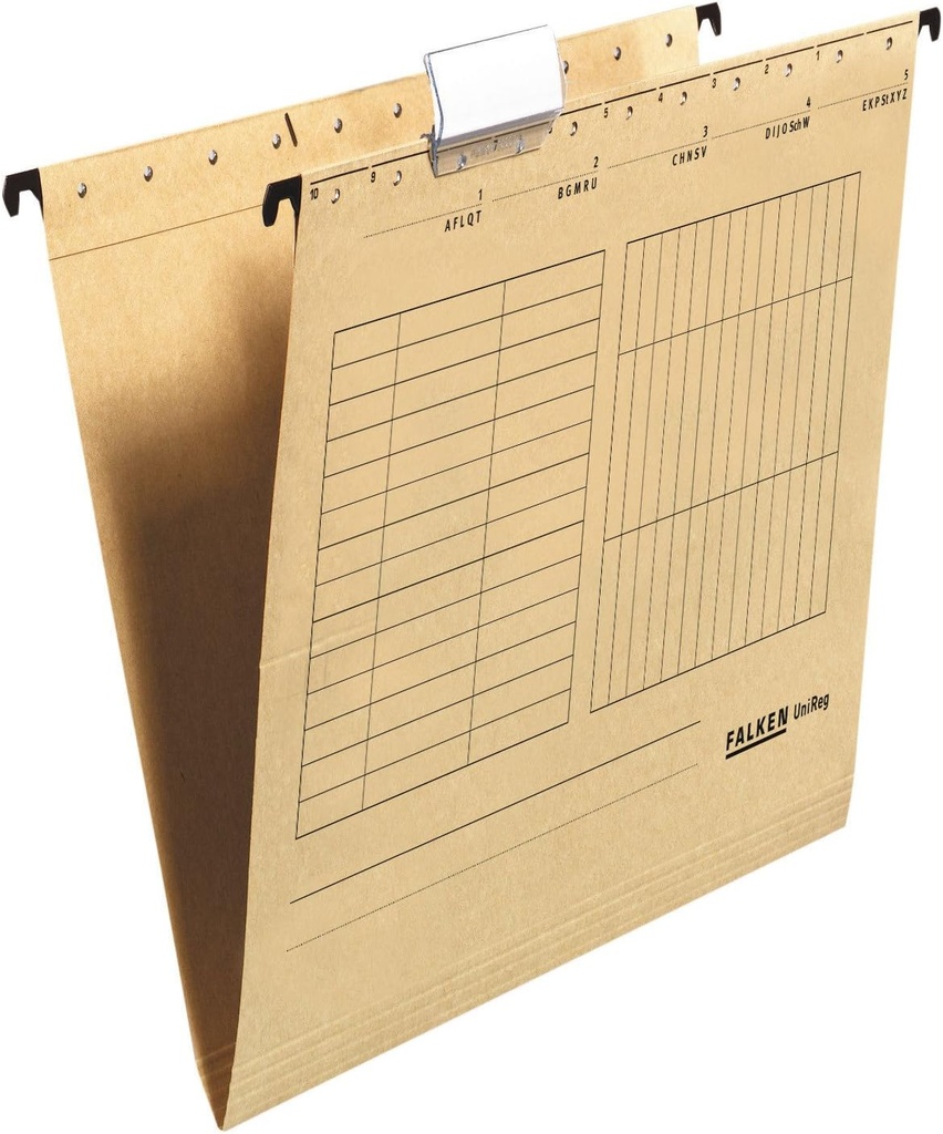 Pile de suspendare UniReg originale Falken, pachet de 25. Fabricat in Germania. Confectionat din carton reciclat pentru DIN A4, deschis lateral, maro, certificat Blue Angel, ideal pentru depunerea cu foi libere in birouri si agentii guvernamentale.
