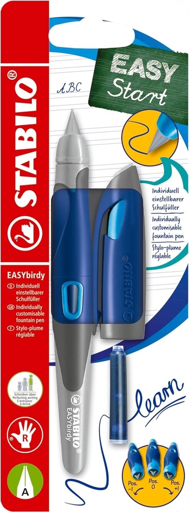 STABILO - Pix scolar ergonomic pentru dreptaci cu penita pentru incepatori A - EASYbirdy in albastru-mijloc/azur - incl. cartus si instrument de reglare - albastru (sters)