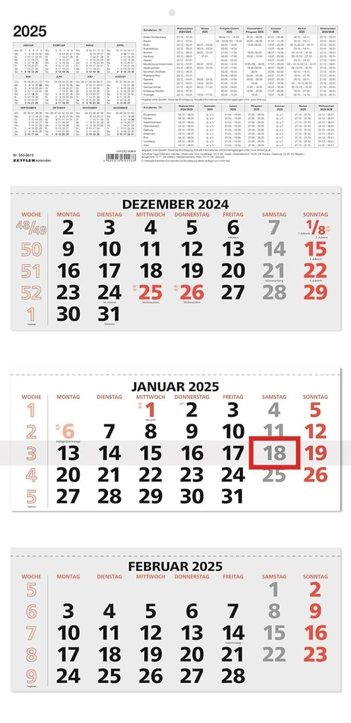 Calendar de 3 luni 2025 - 33,5x71 rosu - cu antet - glisor de data - 5 limbi - 3 blocuri - 953-0011