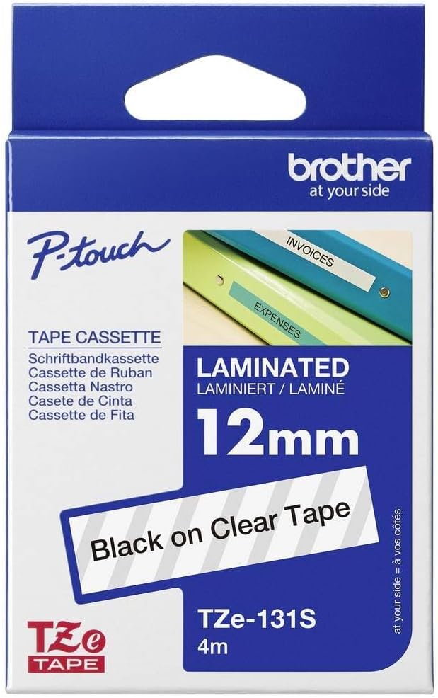 Bandă de etichete Brother originală P-touch TZe-131S 12 mm, neagră pe transparentă (compatibilă cu Brother P-touch PT-H100LB/R, -H105, -E100/VP, -D200/BW/VP, -D210/VP, printre altele) 4 m lungime