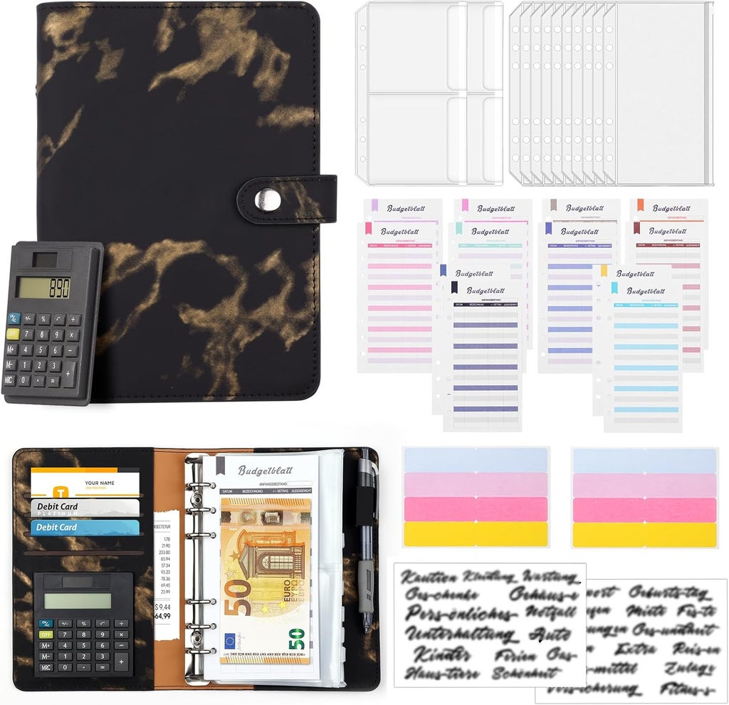 Planificator de buget Germană cu calculator A6 Liant de buget Umplutură de numerar Fizplaner Sparchallenge Planificator de buget Organizator de bani Carte de economii Planificator de bani Carte de uz casnic cu compartimente pentru bani (marmură neagră)