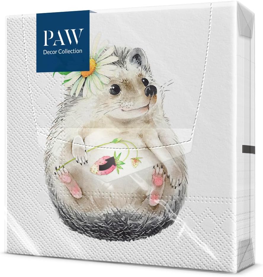 PAW - Șervețele 3 straturi (33 x 33 cm) I 20 de bucăți I Perfecte pentru zile de naștere, petreceri, nunți, comuniuni și serbări I Decorare de masă șervețele colorate din hârtie - Arici cu căpșuni sălbatice I Arici cu căpșuni sălbatice