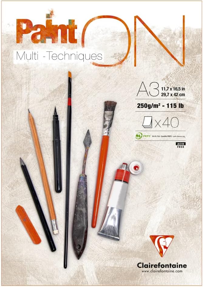 Clairefontaine 96536C PaintOn Pad (250 g, 100% hartie celulozica extra alba cu granulatie usoara, DIN A3, 29,7 x 42 cm, lipit, 40 coli, ideal pentru tehnici multiple) extra alb