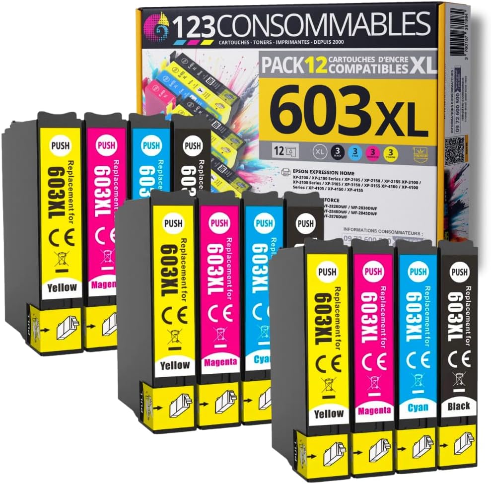 123CONSOMABILE - 603XL - Pachet de 12 cartușe de cerneală compatibile pentru Epson 603 XL Starfish - pentru Epson XP-2100 XP-2155 XP-3100 XP-4100 WF-2820 WF-2830 DWF WF-2870 WF-2835 WF-2835