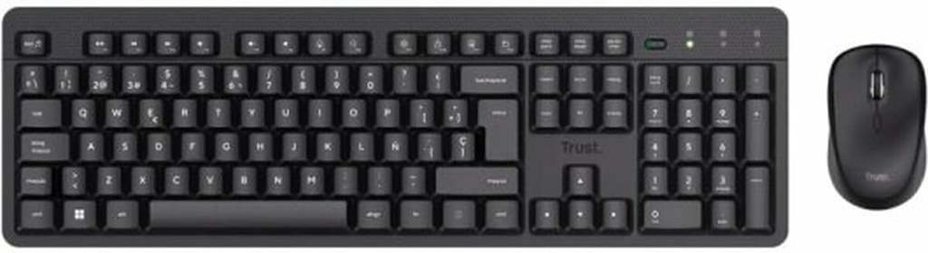 Combo tastatură și mouse wireless Trust Ymo II, QWERTY spaniolă, butoane silențioase, taste cu profil redus, rezistente la scurgeri, un receptor USB, Windows, Mac, PC, laptop - negru