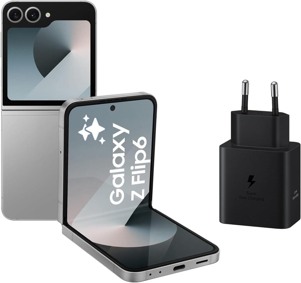 Samsung Galaxy Z Flip6 256 GB + încărcător - Telefon mobil AI, Smartphone Android deblocat, Cameră de 50 MP, Gri (versiunea în spaniolă)