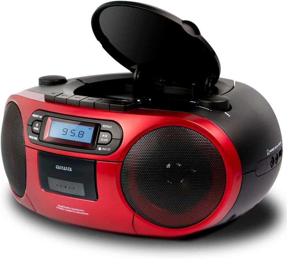 Aiwa BBTC-550RD - Casetofon portabil cu CD, Bluetooth si USB, Casetofon. Culoare: Rosu