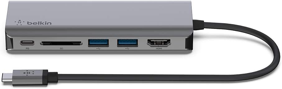 Adaptor de andocare USB-C multiport 6-în-1 Belkin cu 1 HDMI (4K), 1 USB-C cu încărcare PD 100W, 2 USB-A, 1 Gigabit Ethernet și 1 slot SD pentru MacBook Pro, Air, iPad Pro, XPS și altele