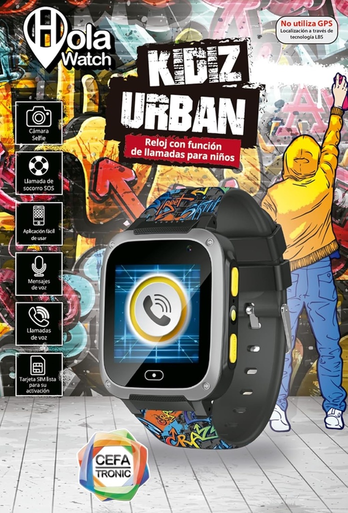 Cefa Toys - Holawatch Urban Black Smartwatch, Divertisment pentru copii si siguranta pentru parinti, conectivitate 2G, locatie LBS, cartela SIM, ecran tactil, camera foto, jocuri si apeluri