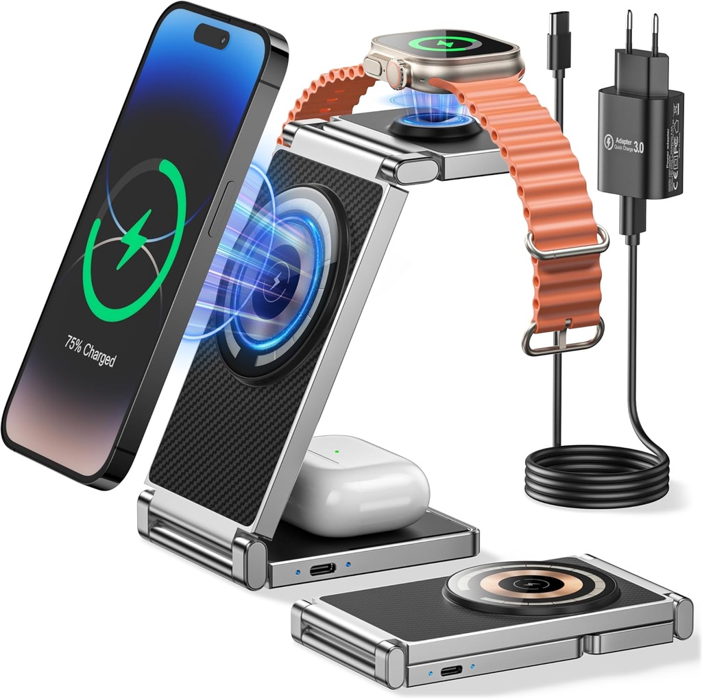 Pad de încărcare fără fir REOKILY 3-în-1 cu încărcător de 18 W pentru iPhone 15/14/13/12 Pro/Pro Max/Plus, Apple Watch 8/SE/7/6/5/4/3/2 și AirPods 3/2/Pro/Pro2. (Negru)