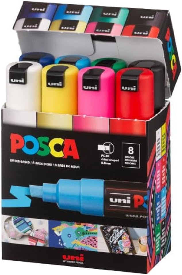 uni-ball 182608 - Markere POSCA cu vârf lat, set de 8, culori de bază