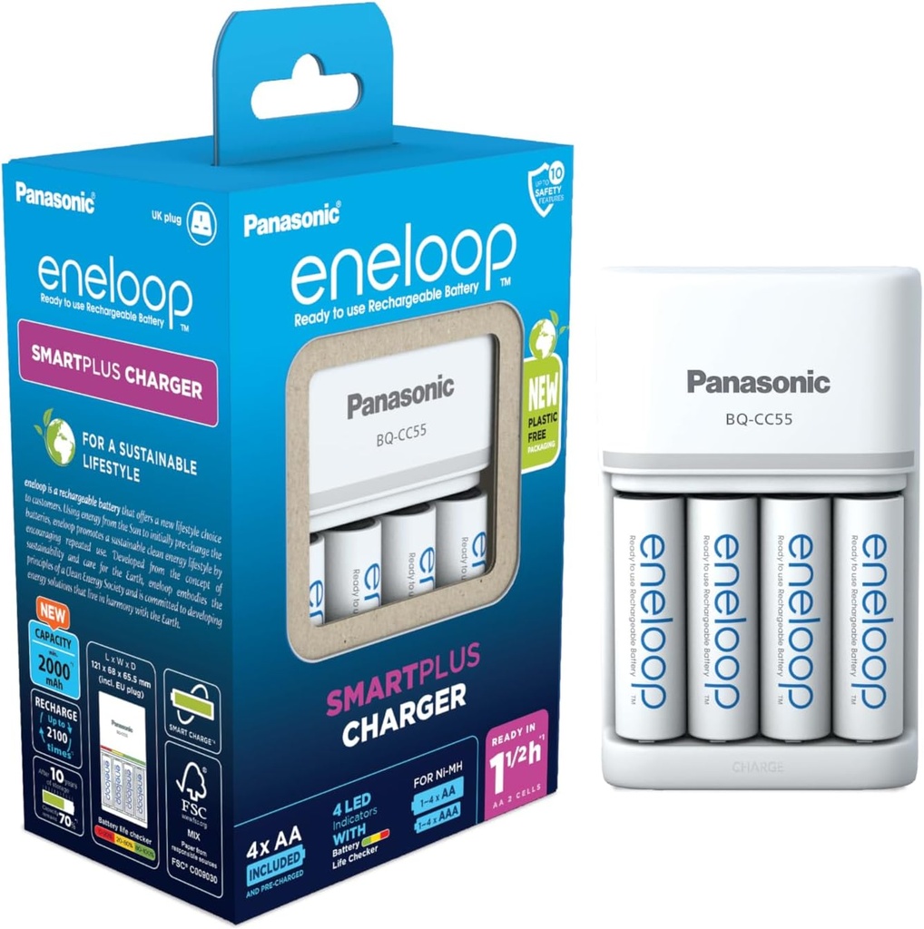 Încărcător Panasonic eneloop SmartPlus pentru 1-4 baterii AA/AAA Ni-MH, cu 4 indicatori LED și 10 caracteristici de siguranță, inclusiv 4 baterii eneloop AA/Mignon, capacitate sporită de min. 2000