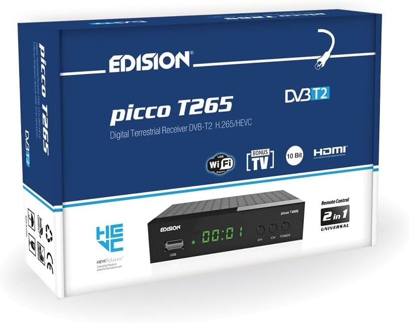EDISION PICCO T265, 2024 Nou decodor TV TDT spaniol DVB-T2, Full HD, H265 HEVC, PVR, USB, HDMI, SCART, telecomanda IR 2 in 1, receptor DVB-T2 de inalta definitie, suport USB WiFi