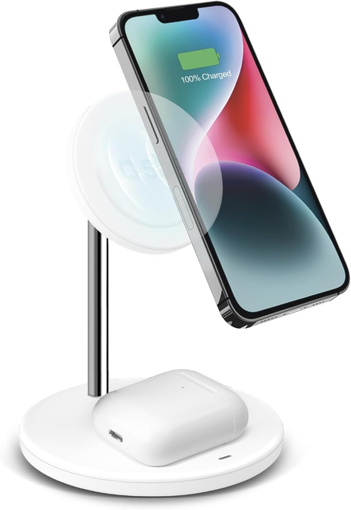 Stație de încărcare fără fir SBS 2-în-1, încărcare rapidă de 15 W, MagSafe, sistem de detectare automată (ADS), design minimal, încărcător magnetic pentru iPhone, Airpods, Samsung, smartphone-uri, alb