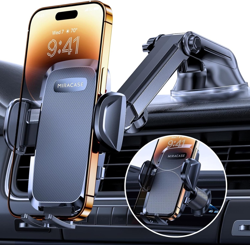 Suport pentru telefon de masina Miracase [ventuza imbunatatita si carlig dublu din metal] Suport pentru telefon de masina Ventilare de aer Parbriz, Suport pentru telefon de masina pentru iPhone Samsung Galaxy Toate telefoanele inteligente