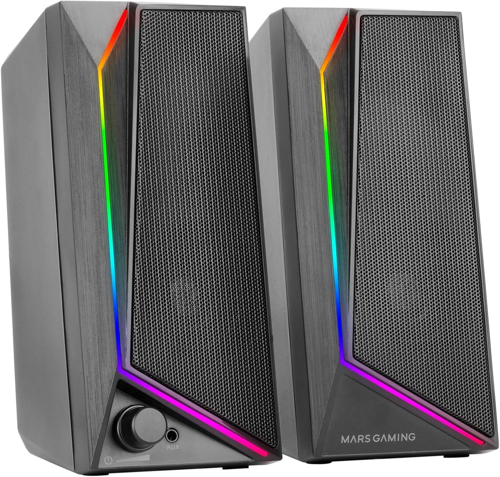 Mars Gaming MS72, difuzoare pentru jocuri de 15 W, iluminare RGB, 2 drivere active, chipset DSP, conexiune USB Plug & Play și jack de 3,5 mm, roată de control al volumului și port audio pentru căști, negru