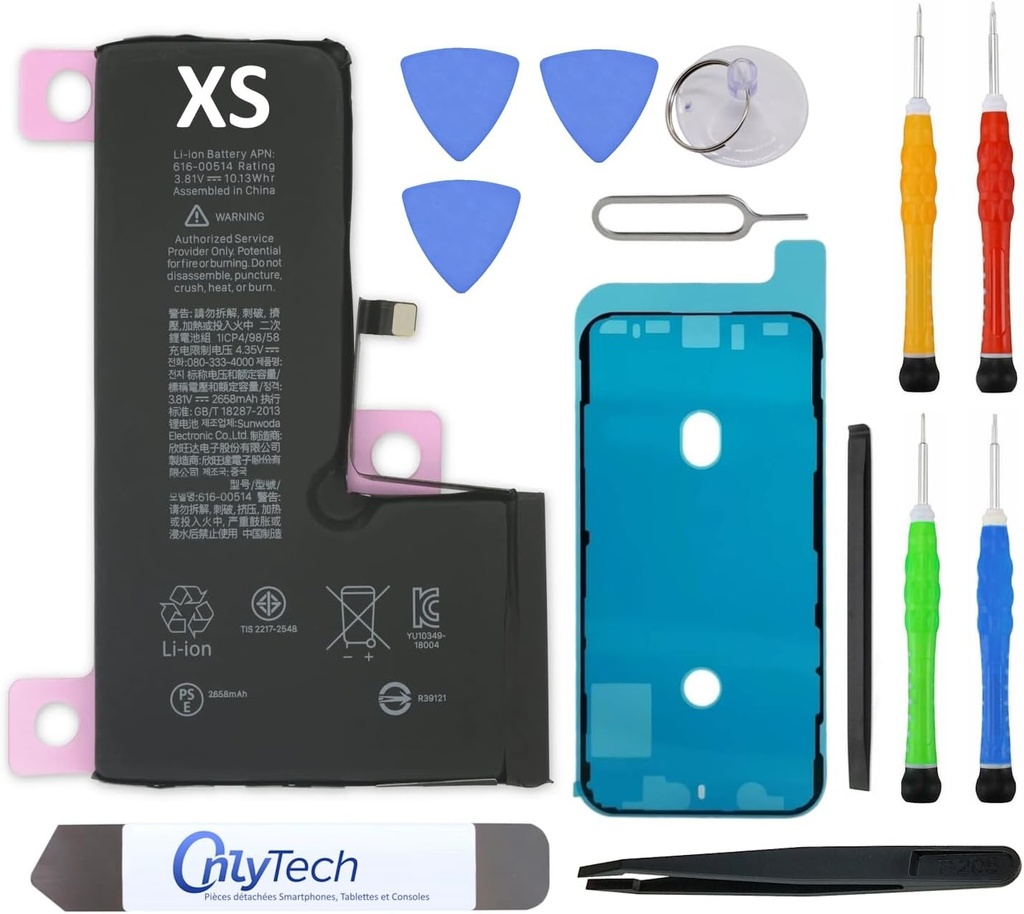 Baterie de inlocuire OnlyTech iPhone XS (2658 mAh, identica cu cea originala) cu 12 set de instrumente profesionale si adeziv pentru ecran inclus
