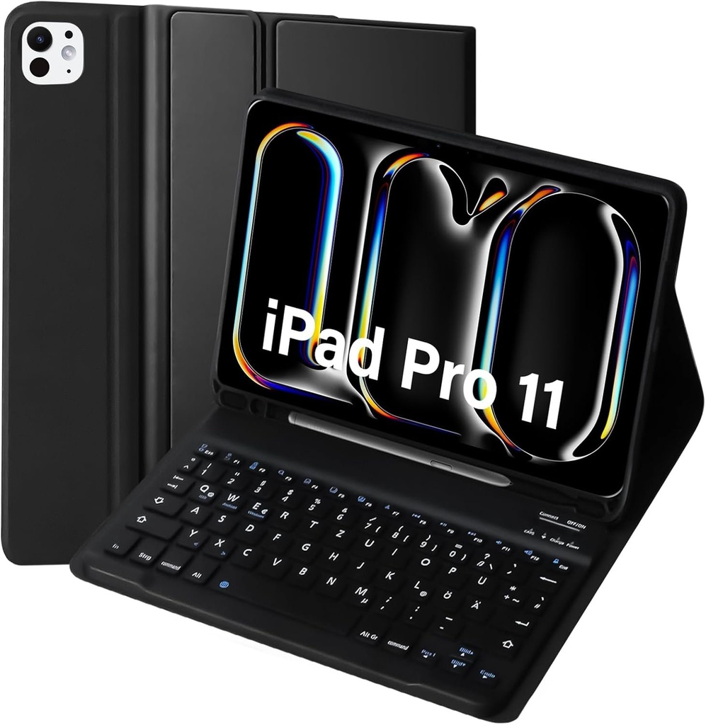 Husa cu tastatura KTOITION pentru iPad Pro 11 inchi a 5-a generatie 2024 cu suport pentru creion, husa din spate moale TPU, husa detasabila cu tastatura QWERTZ Bluetooth pentru iPad Pro 11 inchi,