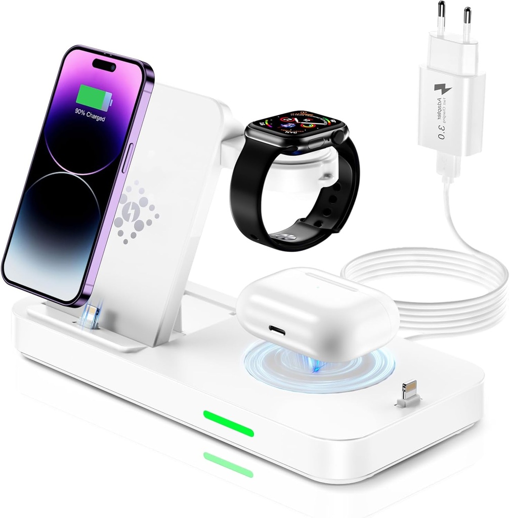Încărcător wireless pentru iPhone, bază 4 în 1 pentru încărcător iPhone și Apple Watch pentru seria iWatch 9/8/7/6/SE/5/4/3/2, încărcător iPhone Încărcare rapidă fără fir pentru iPhone 14 Pro Max/13/12/11/XS/8, AirPods Pro