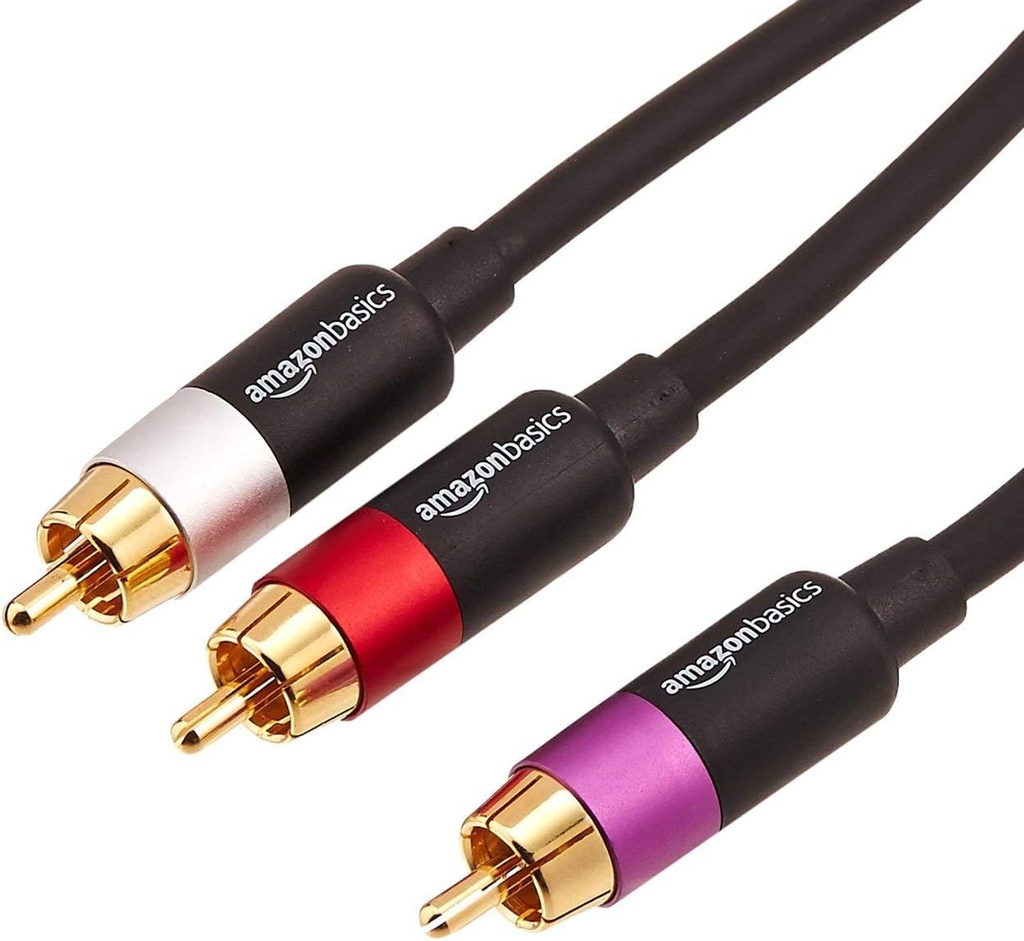 Cablu audio Amazon Basics RCA, 1 mascul la 2 masculi, pentru amplificator, difuzoare active sau subwoofer cu conectori placati cu aur, 8 picioare, negru