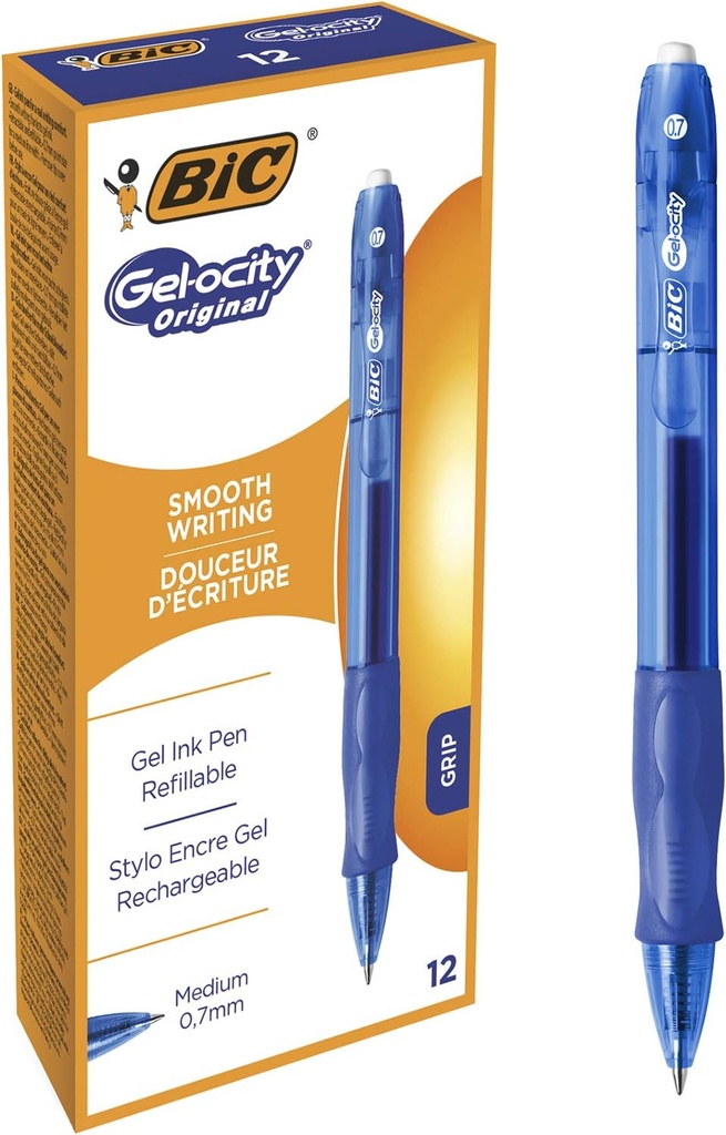 BIC Gel-ocity, pixuri gel originale, vârf mediu (0,7 mm), prindere confortabilă, cerneală cu uscare ultra-rapidă - albastru, pachet de 12 unități