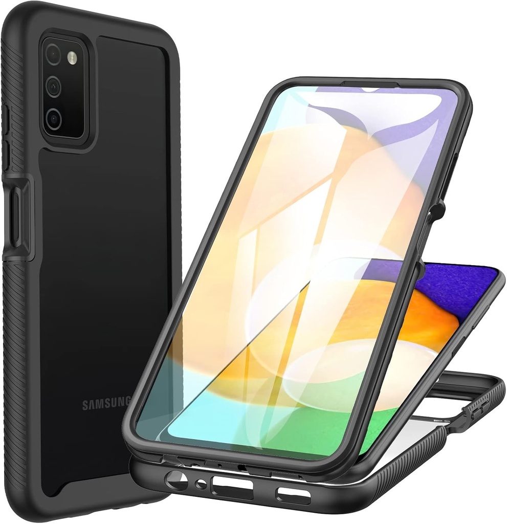 CENHUFO Husa Samsung A03s, Husa rezistenta la socuri la 360 de grade cu protector de ecran incorporat, Husa de protectie rezistenta pe doua fete, Husa transparenta anti-galbenire pentru Samsung Galaxy A03s - Negru