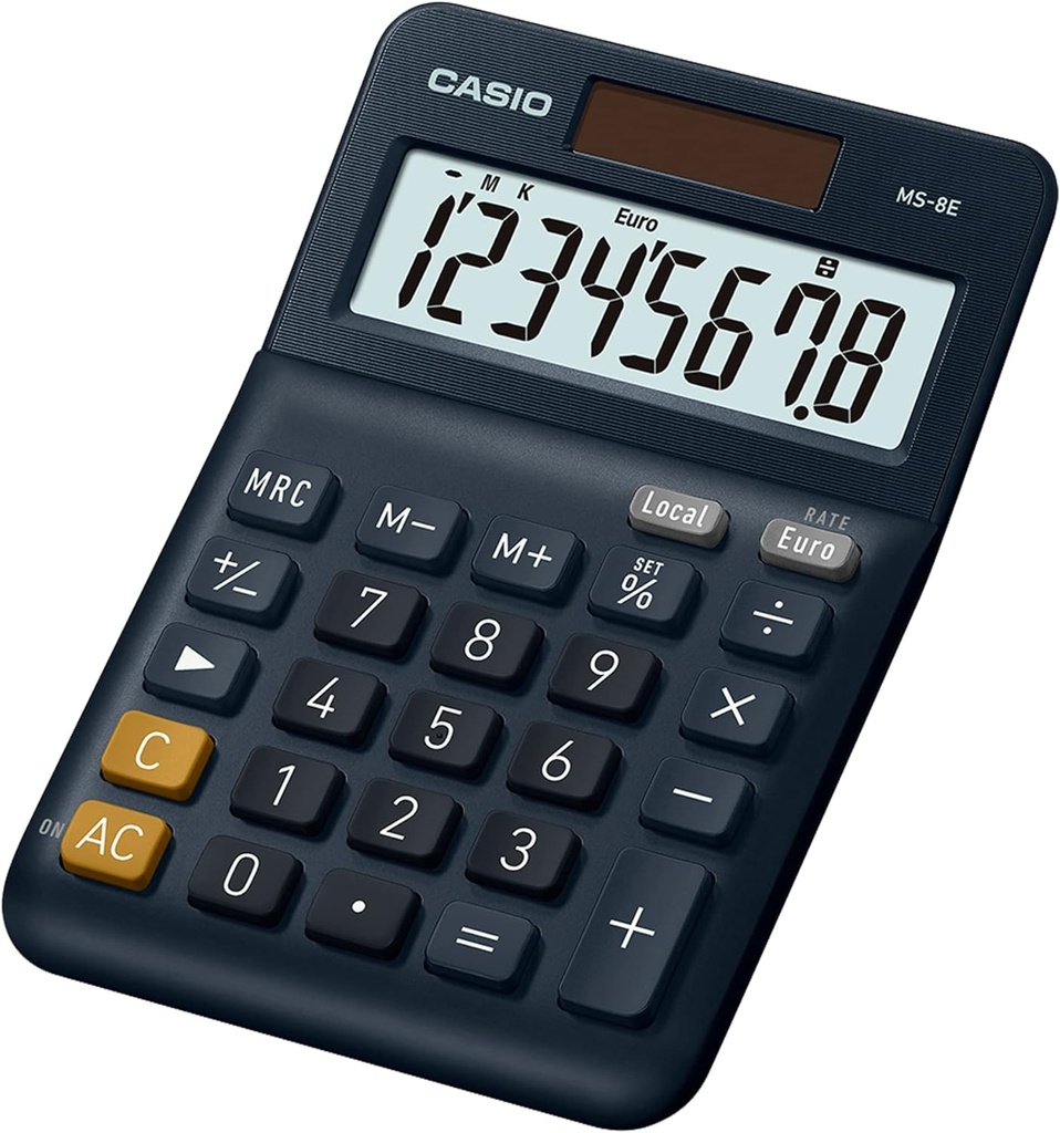 Calculator desktop Casio MS-8E, 8 cifre, conversie valutară, picioare de cauciuc, 2974894cheie de corecție rapidă, funcționare solară/baterie, argintiu