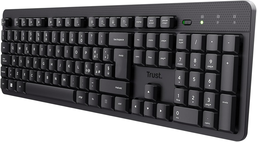 Tastatura wireless silentioasa Trust Ody II, aspect italian QWERTY, taste cu profil redus, rezistente la scurgeri, receptor USB de 2,4 GHz, tastatura wireless pentru computer, tastatura pentru laptop, Mac - negru