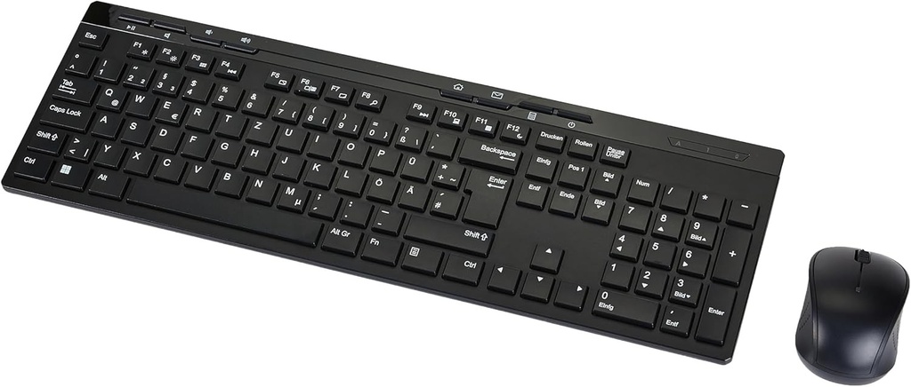 Combo de tastatura si mouse fara fir de dimensiune completa Amazon Basics cu receptor USB de 2,4 GHz, aspect german, negru
