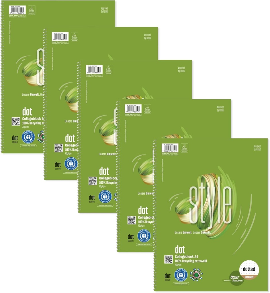 Blocnotes Staufen Ursus Style College, 5 bucăți, DIN A4, riglă PUNTAT, 80 de coli, perforare cu 4 găuri, hârtie reciclată albă premium de 70 g/m², verde