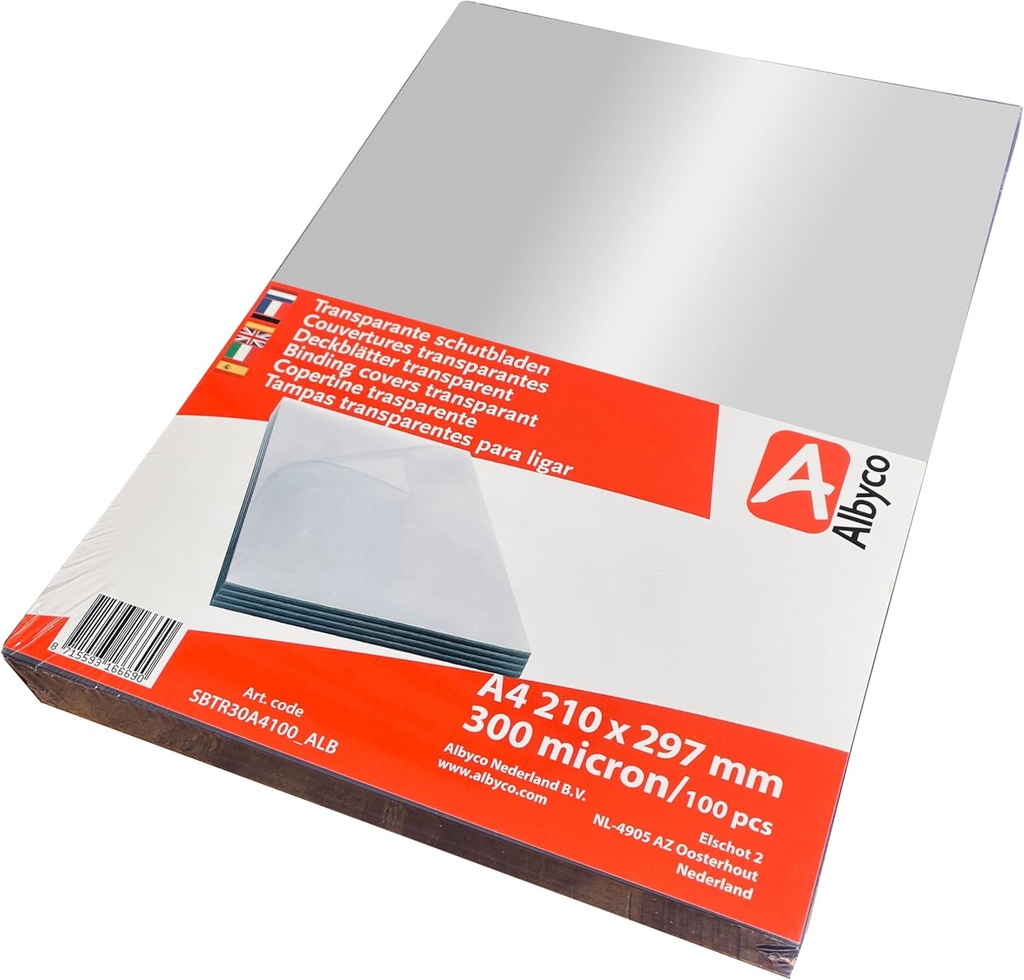 Coperți transparente Albyco lucioase, 0,30 mm/300 microni grosime, dimensiune A4, 210x297 mm, copertă din PVC, copertă de legare, coperți din PVC, coperți pentru coperți