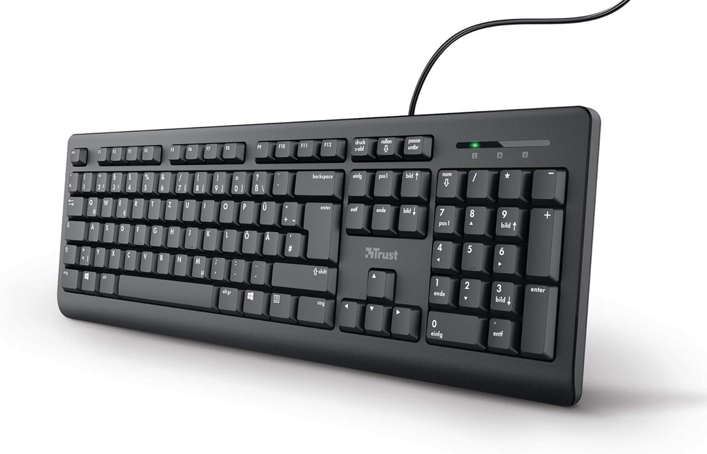 Tastatură cu fir Trust Taro, aspect german QWERTZ, taste silențioase, rezistente la scurgeri, conexiune USB, lungime cablu 1,8 m, tastatură PC pentru computer, laptop, Mac, Windows, macOS – negru