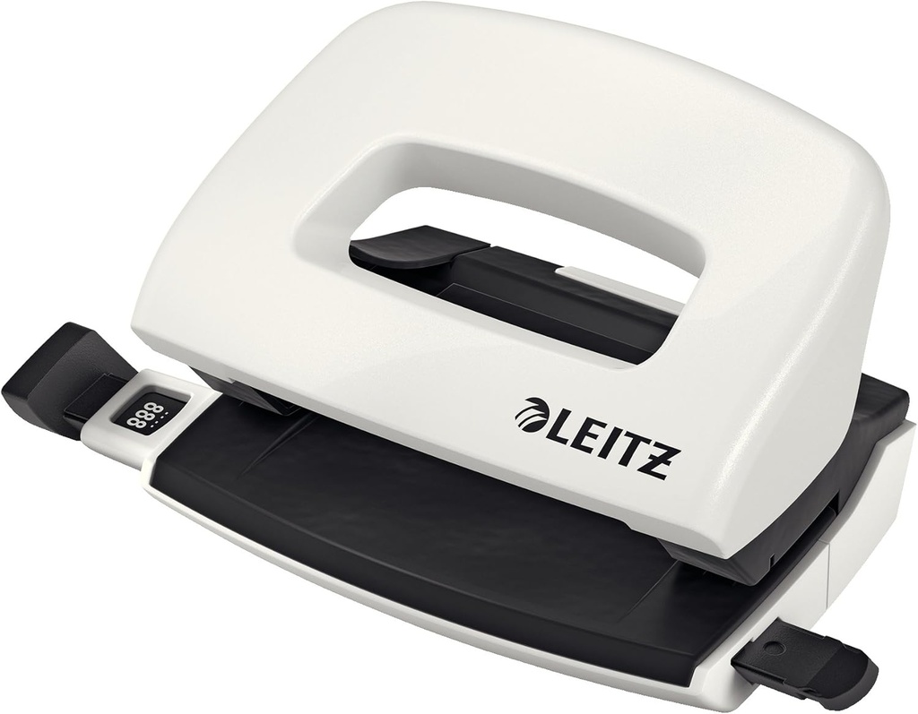 Leitz Mini Hole Punch, perforator mic pentru 10 foi, metal, șină de ghidare cu informații despre format, design ergonomic, alb, seria WOW, 50601001