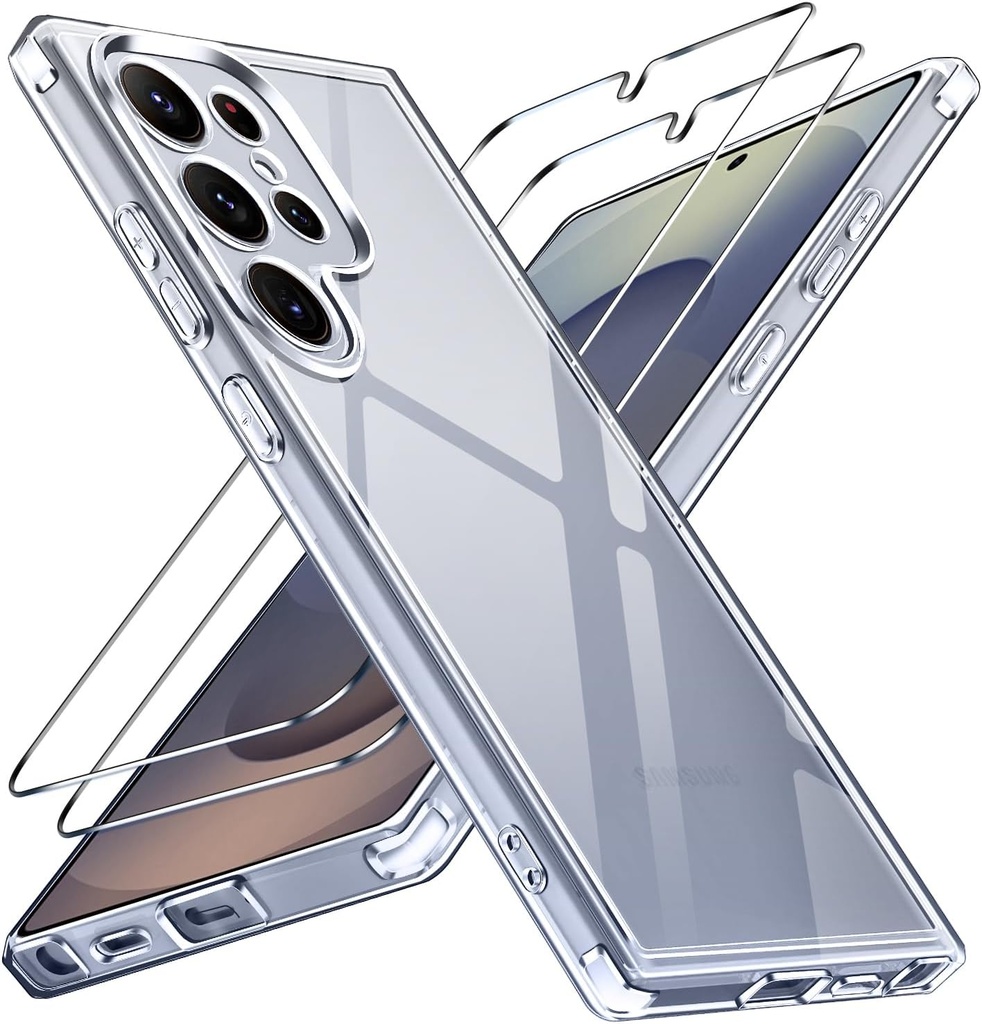 ivoler Never Yellowing Clear Husă pentru Samsung Galaxy S25 Ultra 5G, 1 Husă pentru Telefon Mobil cu 2 Bucăți de Sticlă de protecție blindată, [Protecție militară] Husă de protecție transparentă rezistentă la șocuri Husă transparentă subțire