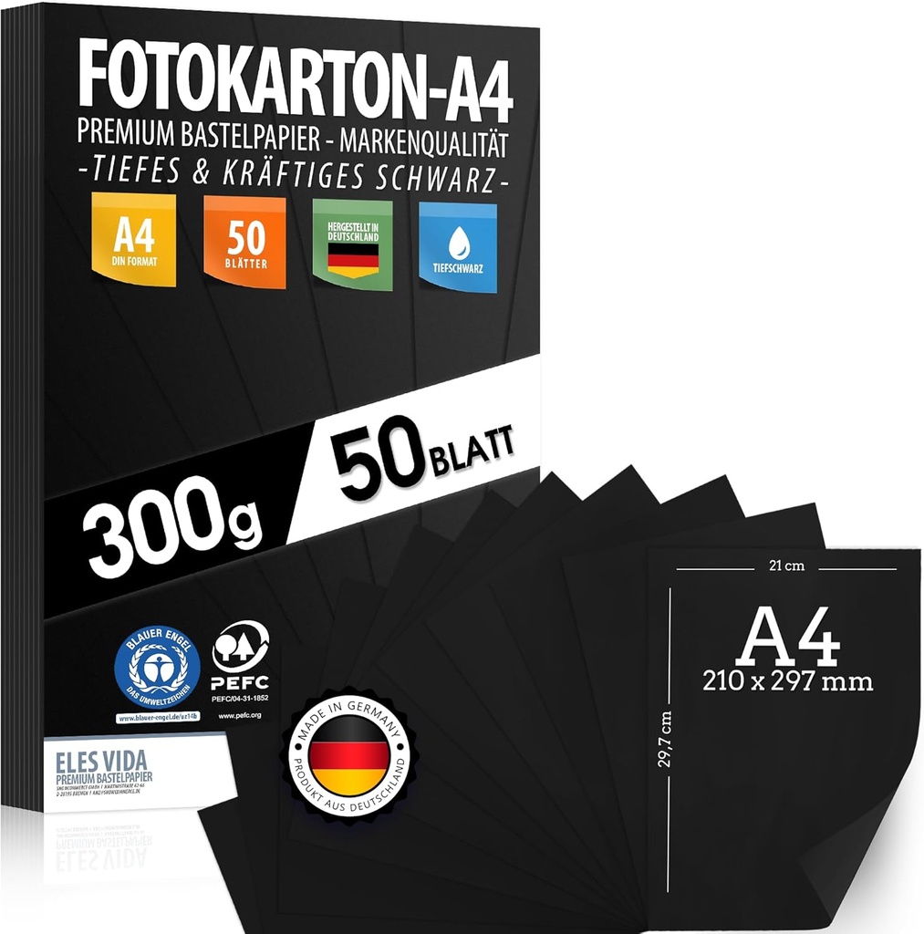 50 de coli de carton craft BLACK 300g/m² – HÂRTIE PREMIUM Deep Black – DIN A4-21 x 29,7 cm – Photographer's Black neimprimat pentru fotografie, prezentări, meșteșuguri, CARTON FOTO, carton – MADE IN GERMANY