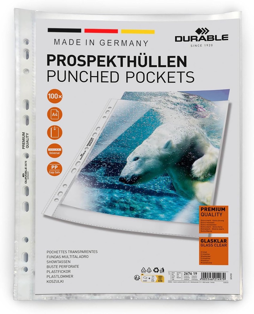 Buzunare durabile pentru broșuri (A4 premium extra puternic, 0,08 mm) 100 de bucăți, limpede, 267619