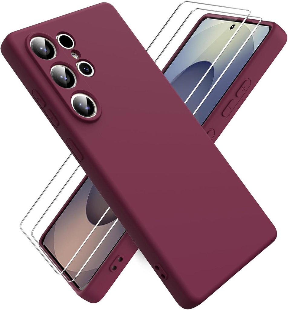 Husă Ikziwreo pentru Samsung Galaxy S25 Ultra, cu 2 bucăți de protecție pentru ecran din sticlă securizată, husă ultra-subțire din silicon moale de culoare pură, husă din cauciuc rezistentă la șocuri - Bordeaux