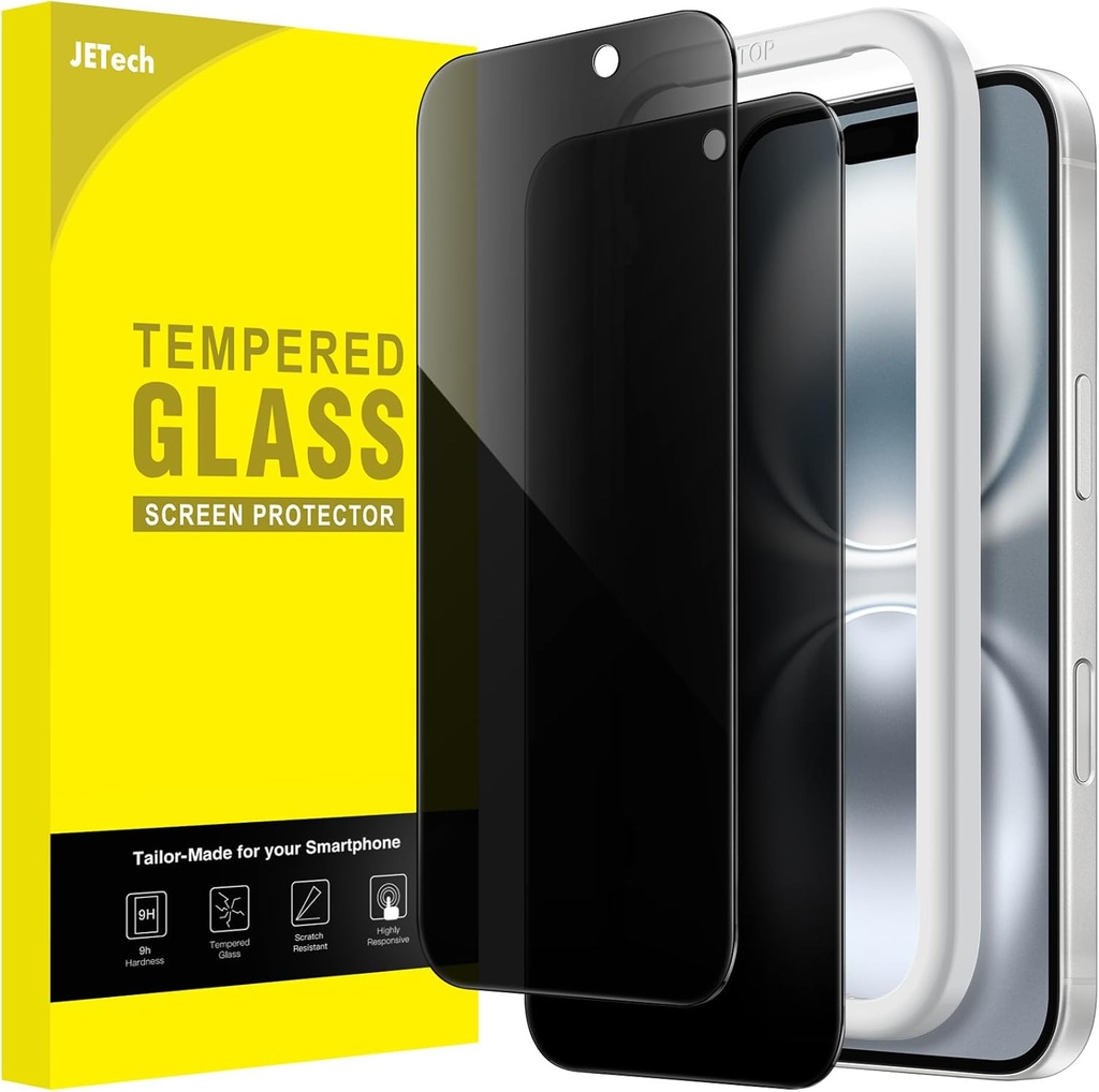 Protector de ecran JETech Anti-Spy pentru iPhone 16 6.1 inch, Film din sticlă securizată anti-spion cu instrument de instalare ușoară, pachet de 2