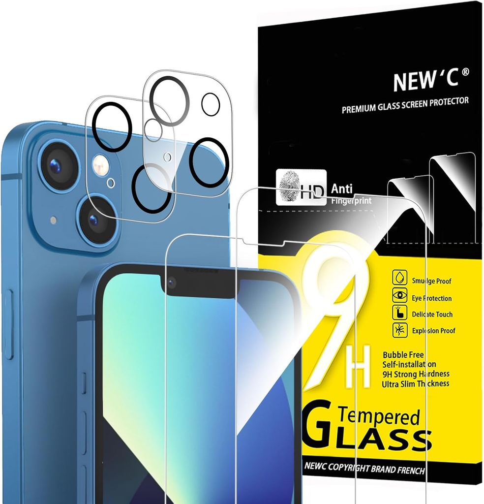 NEW'C Pachet de 4, 2 x sticlă securizată pentru iPhone 13 (6.1) și 2 x protectoare pentru cameră spate - fără bule - ultrarezistentă - sticlă duritate 9H