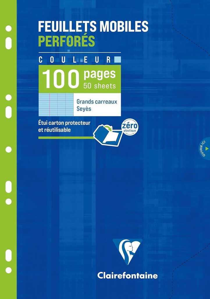Clairefontaine 1741C O cutie de foi albastre perforate cu frunze libere - A4 21x29,7 cm - 100 pagini pătrate mari - 90 g hârtie albă - carcasă reutilizabilă
